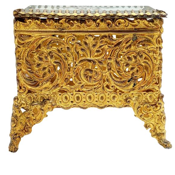 Antique Ormolu Jewelry Casket Box Beveled Glass Victorian Gilt Trinket Filigree - Picture 1 of 16
